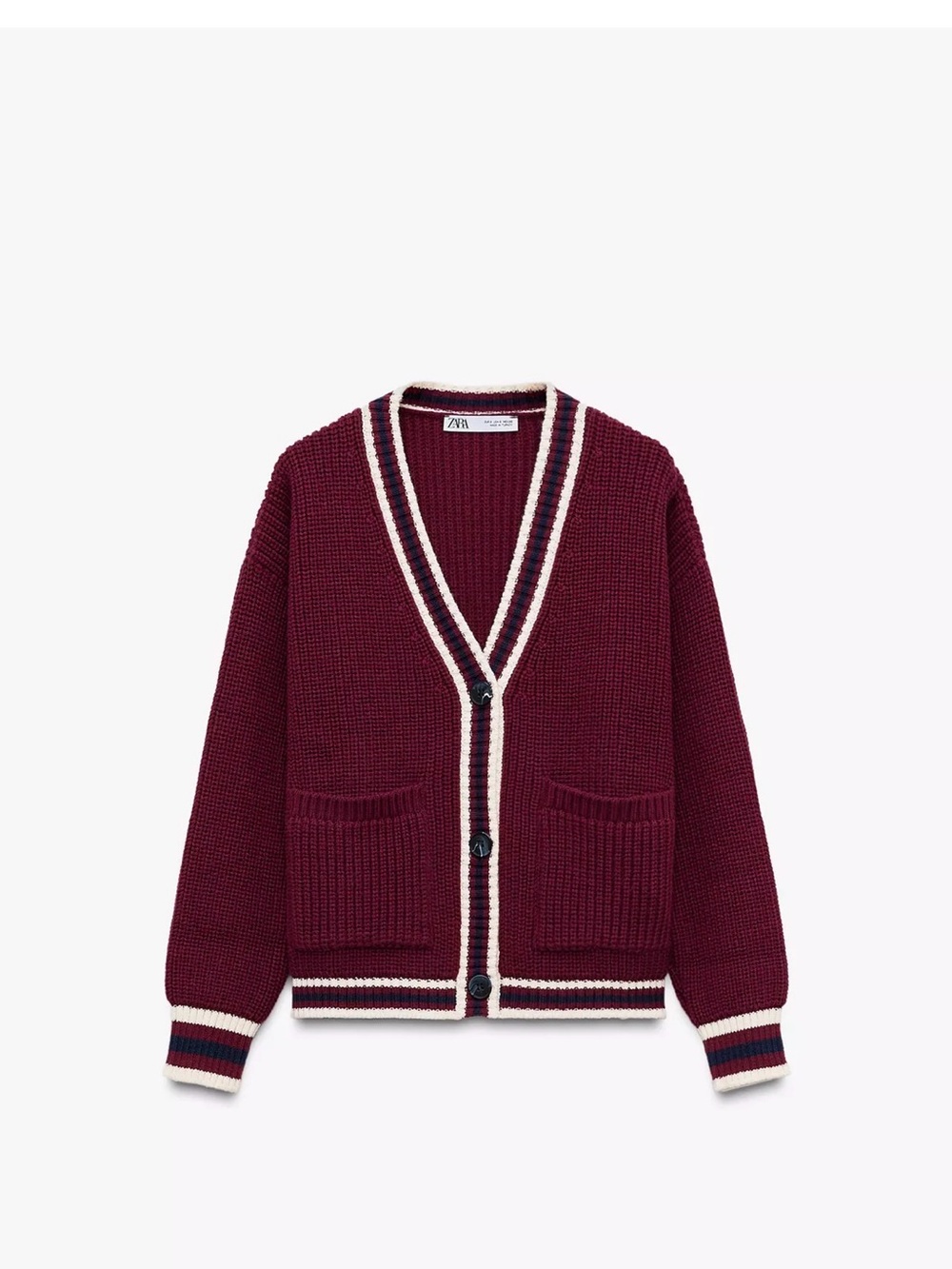 Zara Burgundy V-Neck Cardigan with Cream and Navy Trim